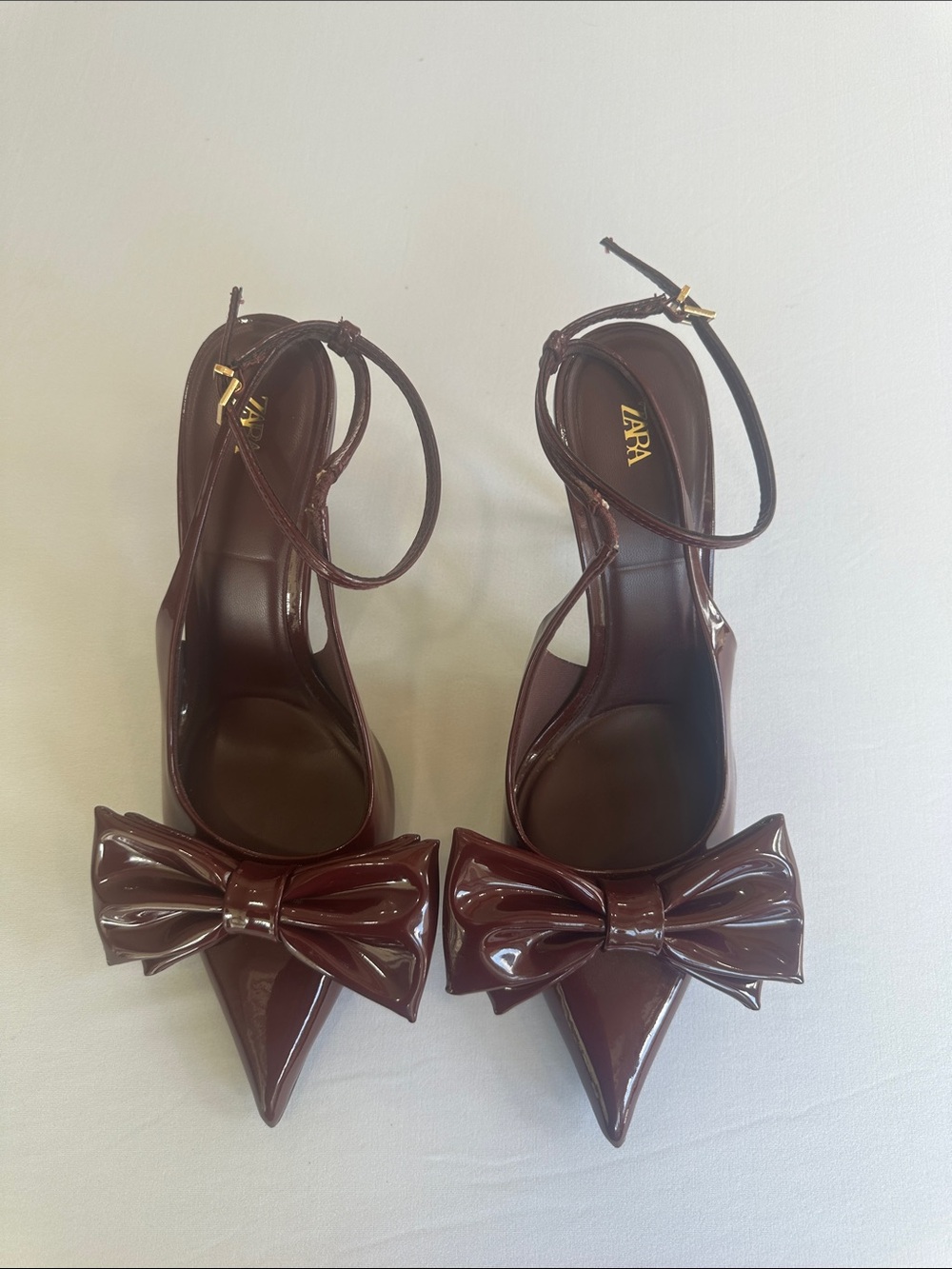 Zara Burgundy Patent Pointed Bow Ankle-Strap Pumps Size 40 Like New